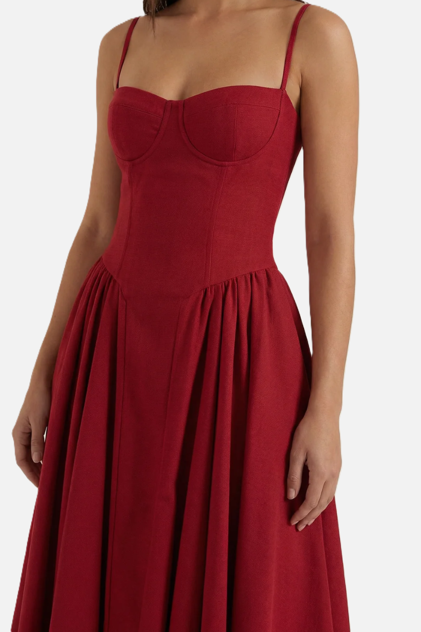 Basque Waist Corset Midi Dress with Spaghetti Straps - Pleated Party Style