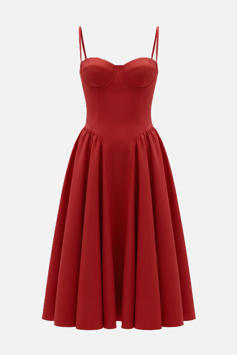 Basque Waist Corset Midi Dress with Spaghetti Straps - Pleated Party Style