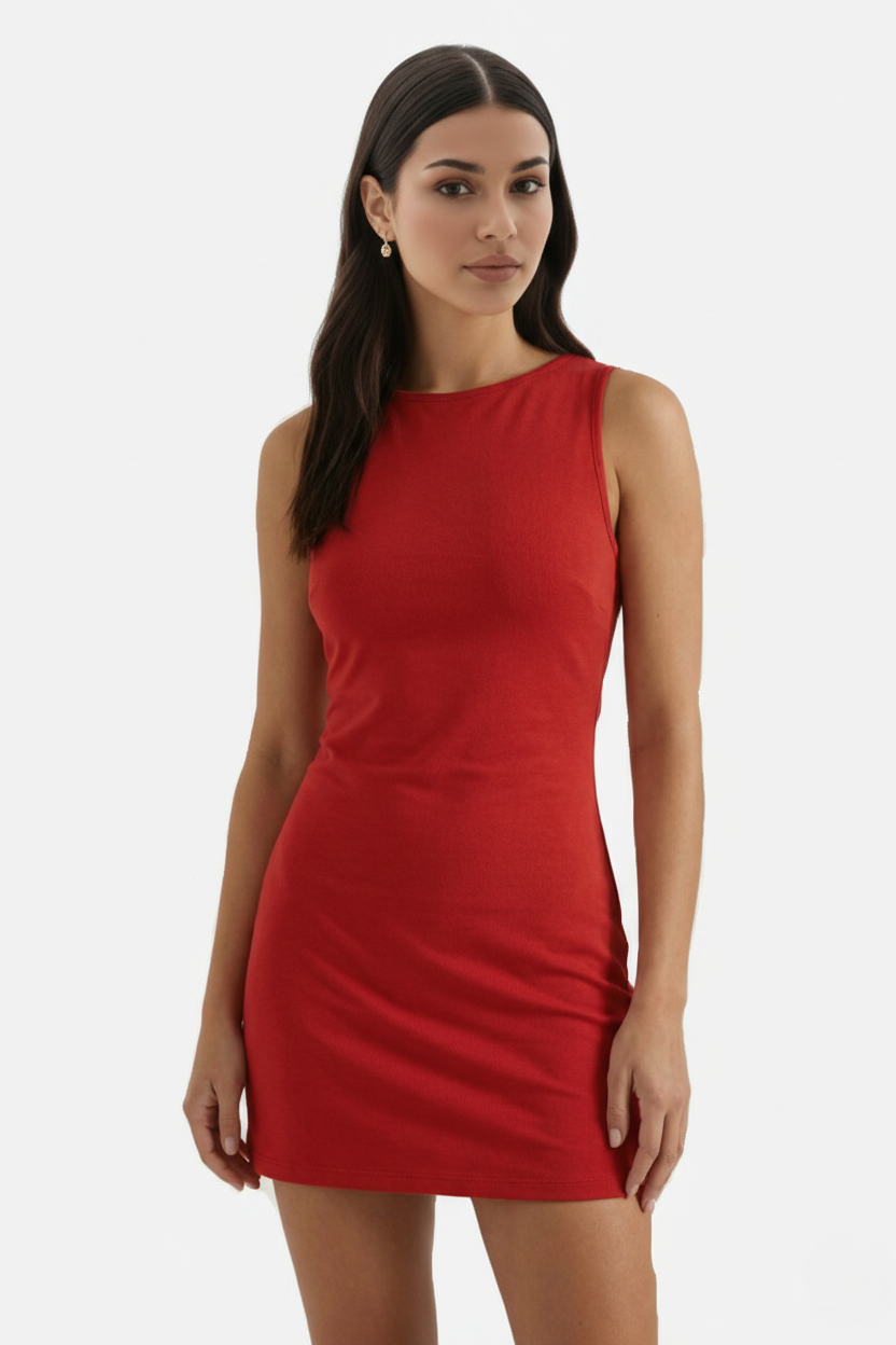 Bodycon Mini Dress Boat Neck Sleeveless Ribbed Knit Basic Stretch