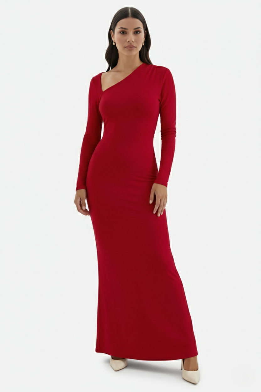 Bodycon Maxi Dress Asymmetric Cutout Long Sleeve