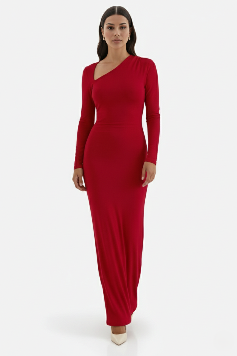 Bodycon Maxi Dress Asymmetric Cutout Long Sleeve