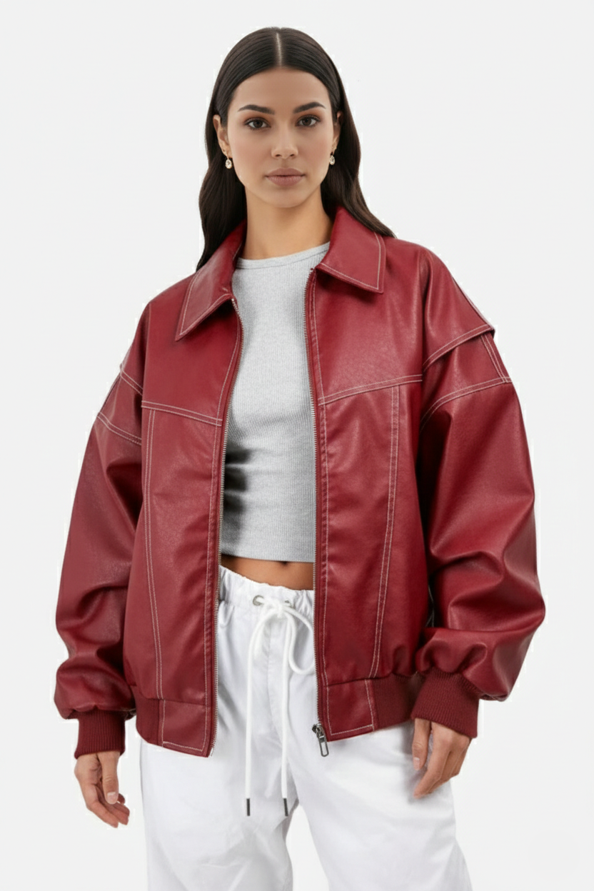 Faux Leather Zip Up Bomber Jacket with Ribbed Cuffs