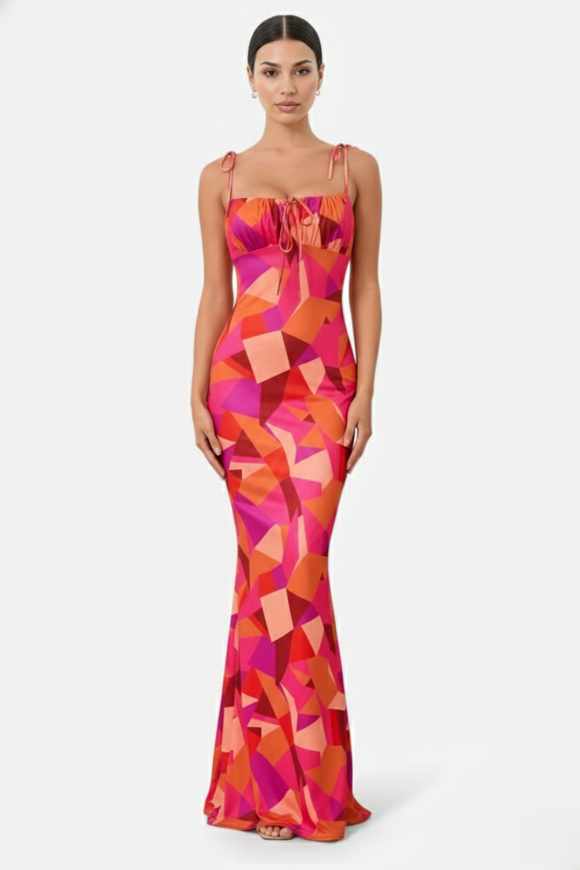 Floral Spaghetti Strap Bodycon Mermaid Maxi Dress Ruched Bodice