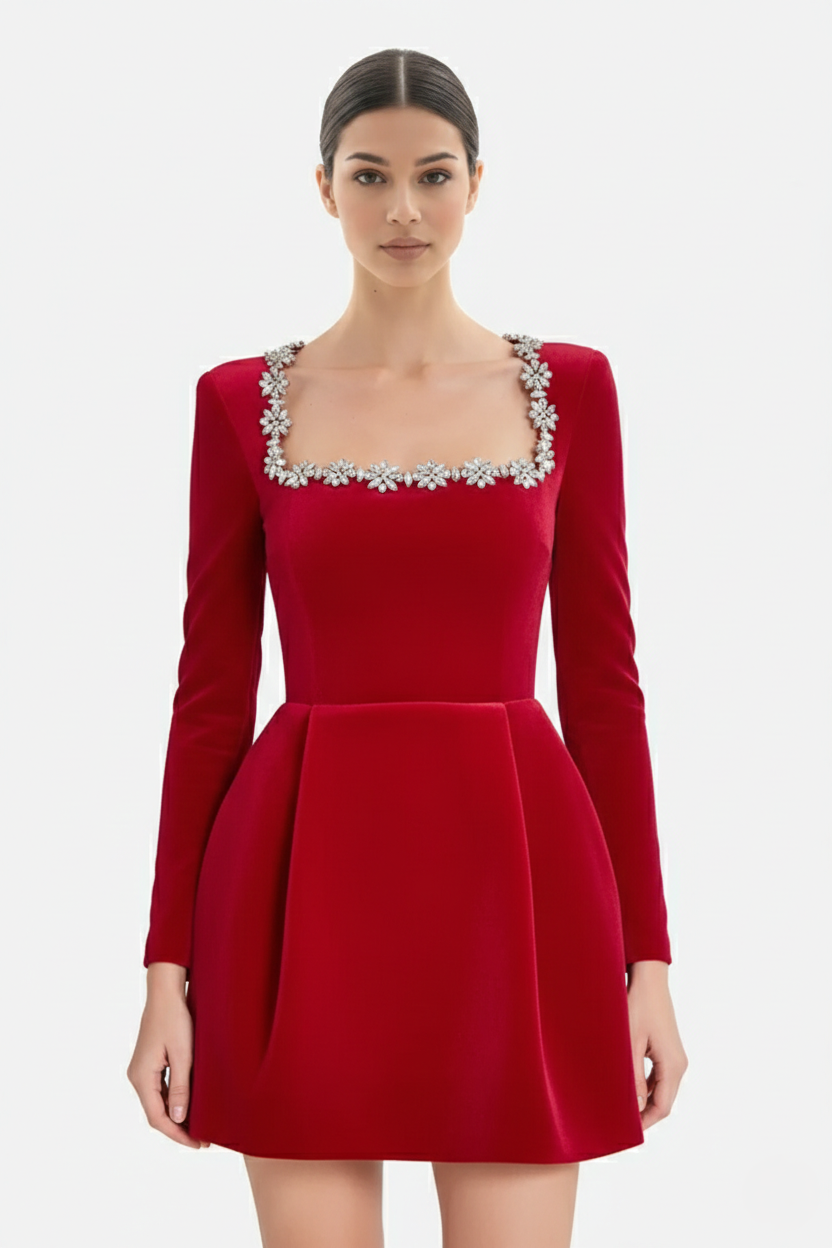 Cocktail Dress Velvet Floral Crystal Embellished Trim Long Sleeve