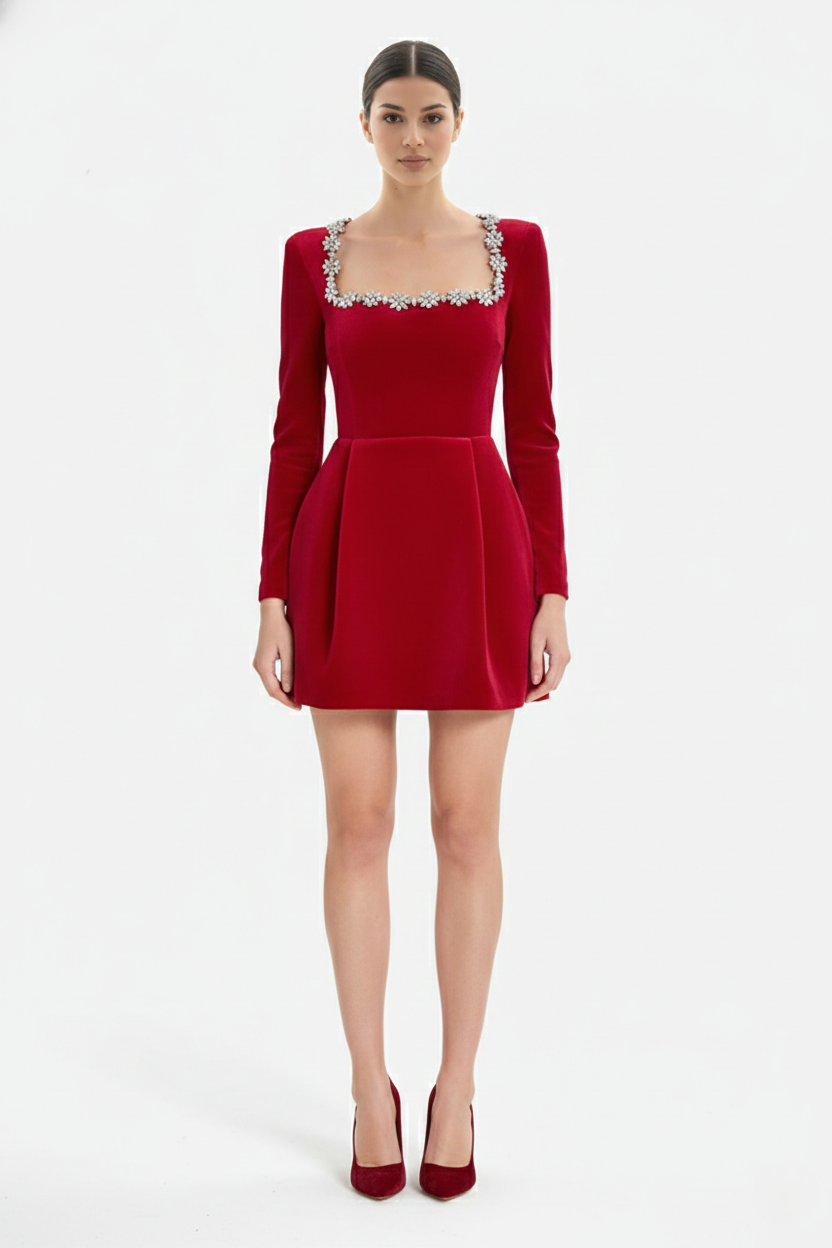 Cocktail Dress Velvet Floral Crystal Embellished Trim Long Sleeve