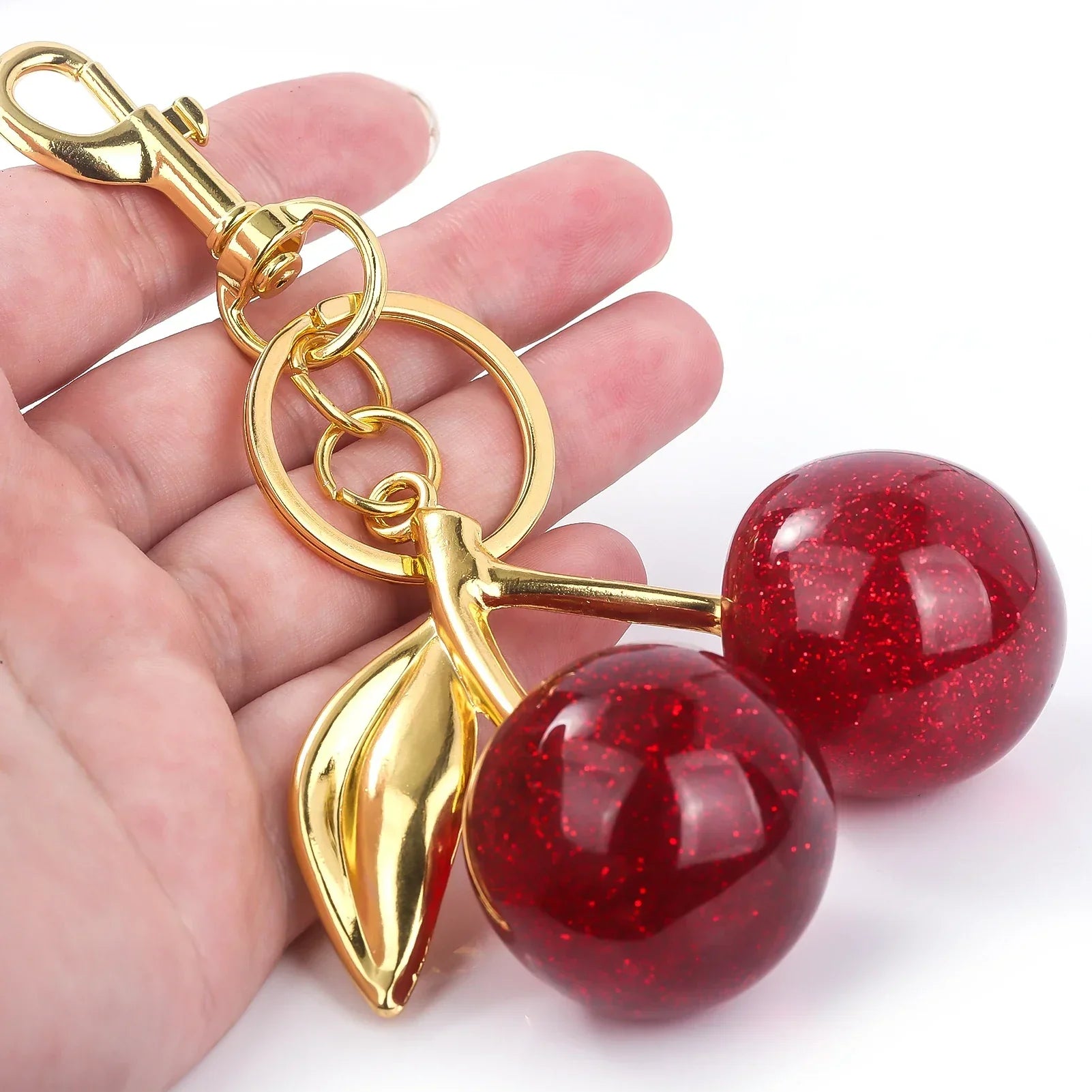 Cherry Charm Keychain with Red Beads – Elegant Bag Charm and Key Ring Accessory