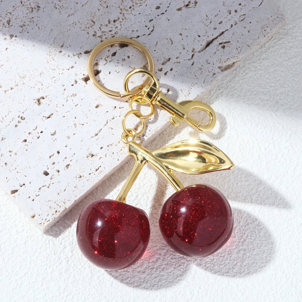 Cherry Charm Keychain with Red Beads – Elegant Bag Charm and Key Ring Accessory