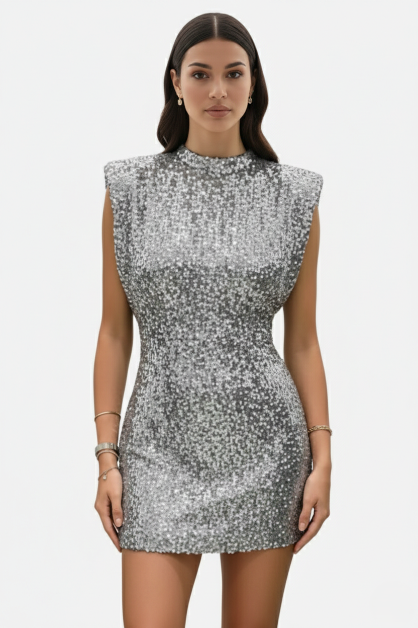 All-Over Sequin Women's High Neck Mini Dress with Structured Shoulders