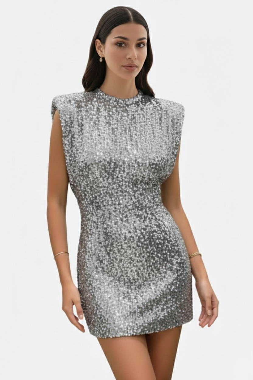 All-Over Sequin Women's High Neck Mini Dress with Structured Shoulders