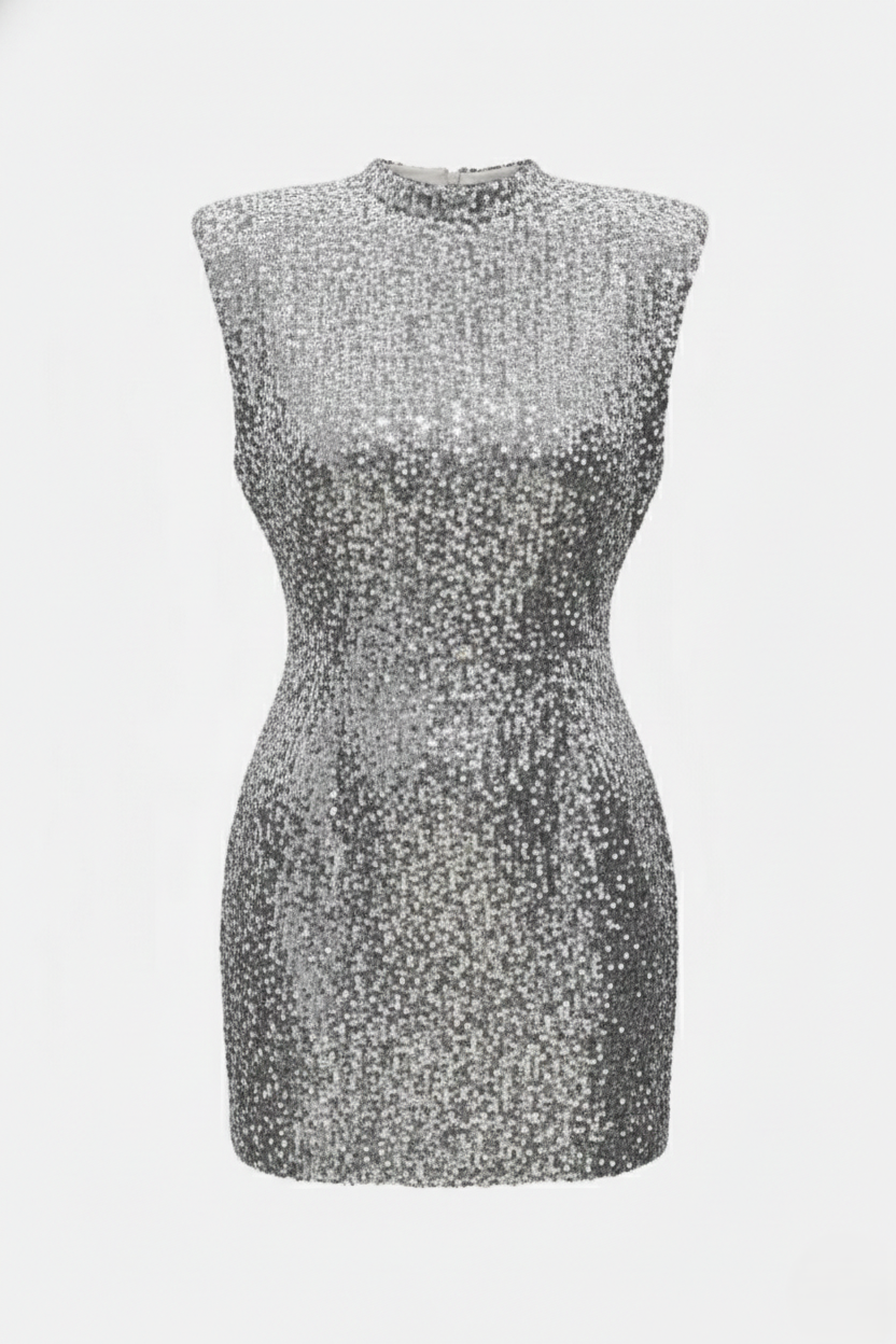 All-Over Sequin Women's High Neck Mini Dress with Structured Shoulders