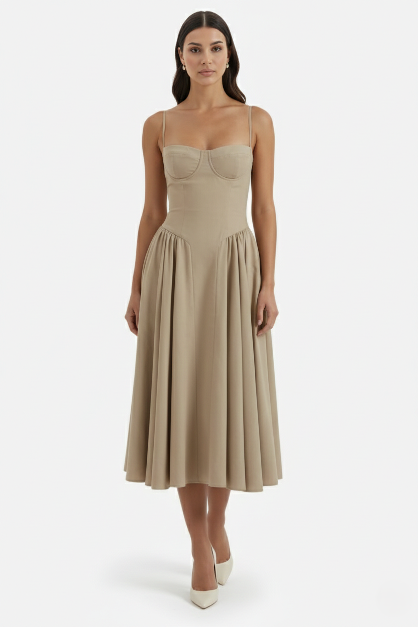 Basque Waist Corset Midi Dress with Spaghetti Straps - Pleated Party Style