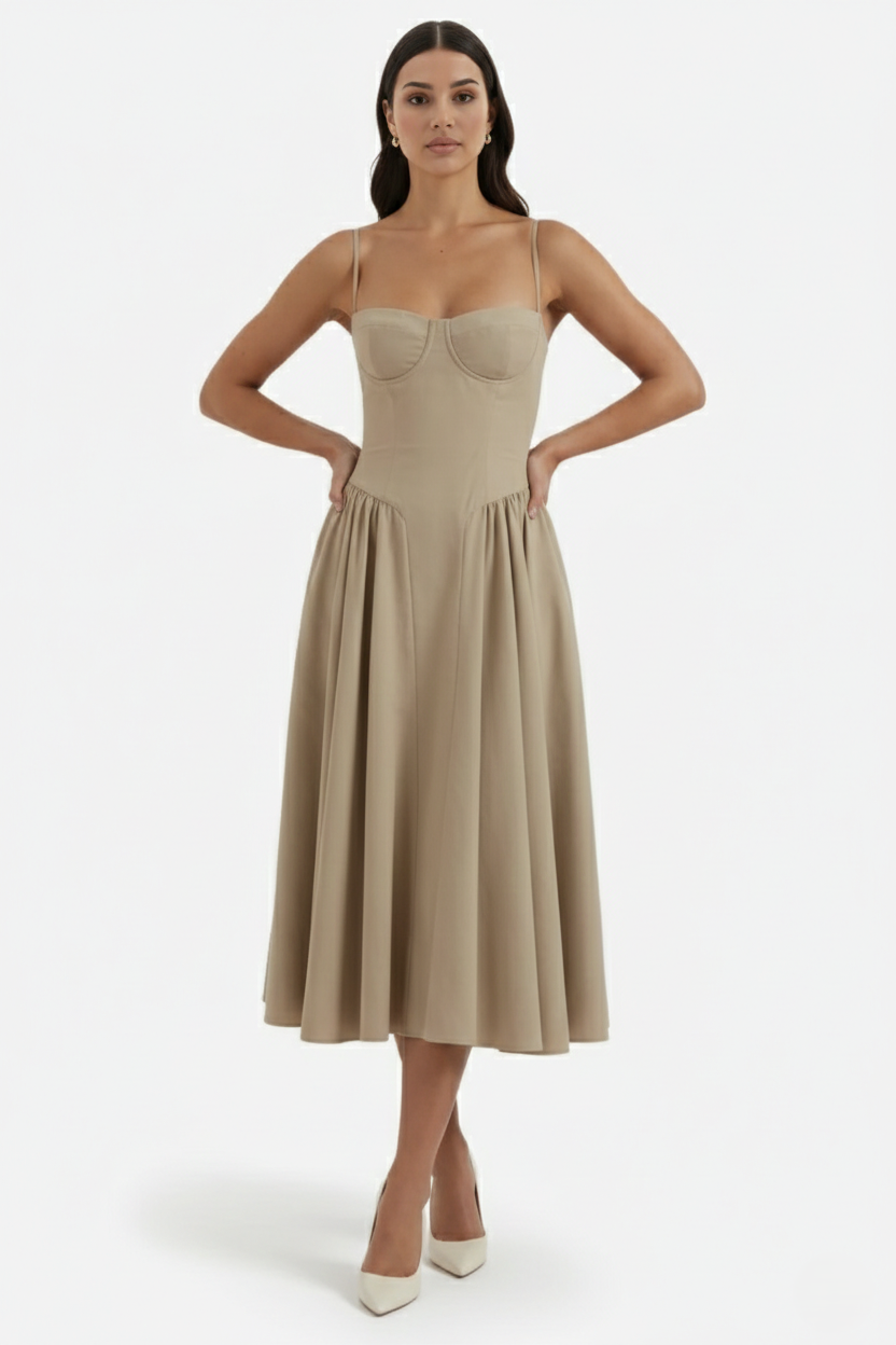 Basque Waist Corset Midi Dress with Spaghetti Straps - Pleated Party Style