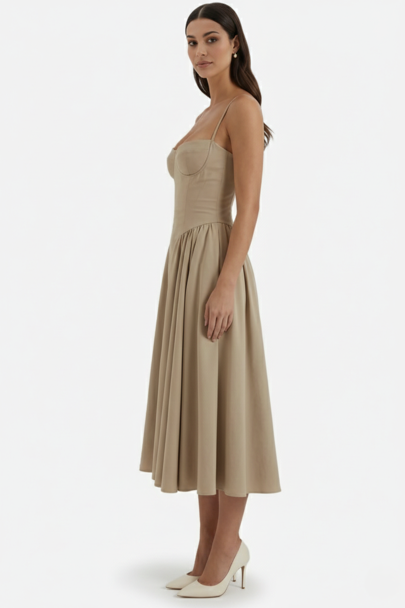 Basque Waist Corset Midi Dress with Spaghetti Straps - Pleated Party Style