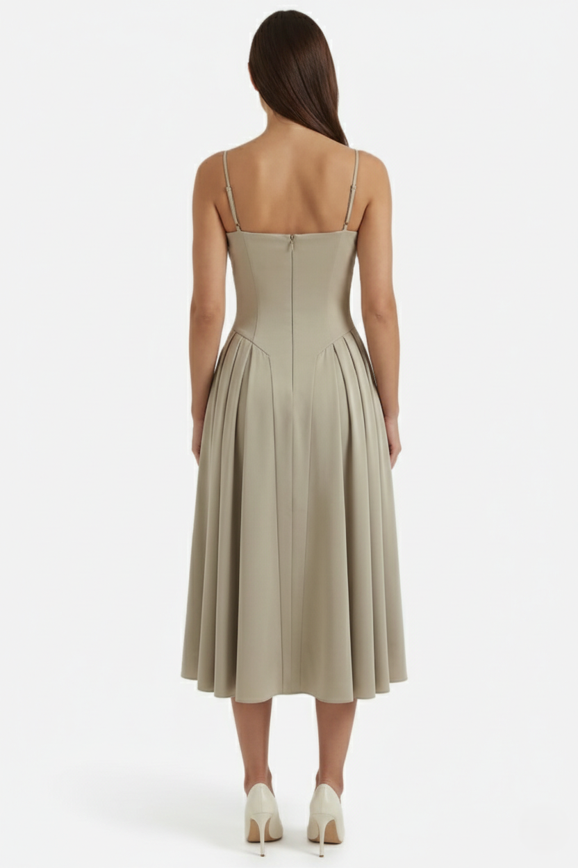 Basque Waist Corset Midi Dress with Spaghetti Straps - Pleated Party Style