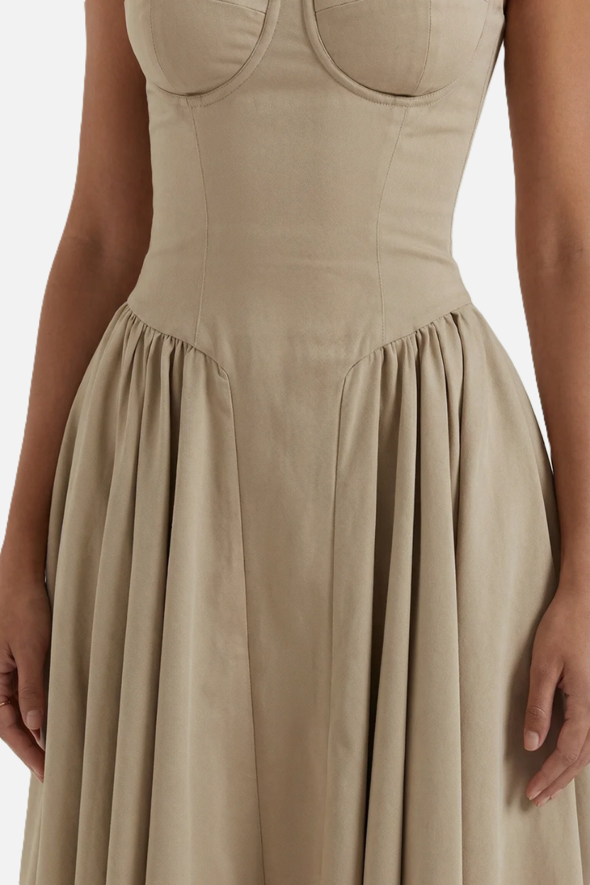 Basque Waist Corset Midi Dress with Spaghetti Straps - Pleated Party Style