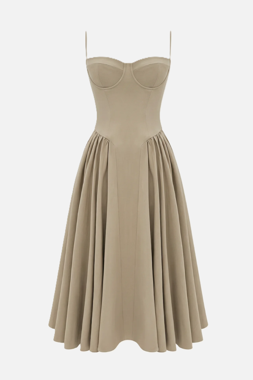 Basque Waist Corset Midi Dress with Spaghetti Straps - Pleated Party Style
