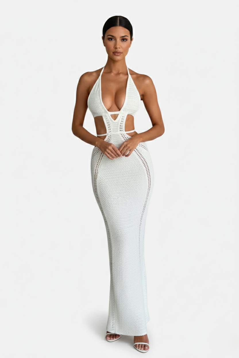 Crochet Cutout Halter Neck Backless Bodycon Maxi Dress 