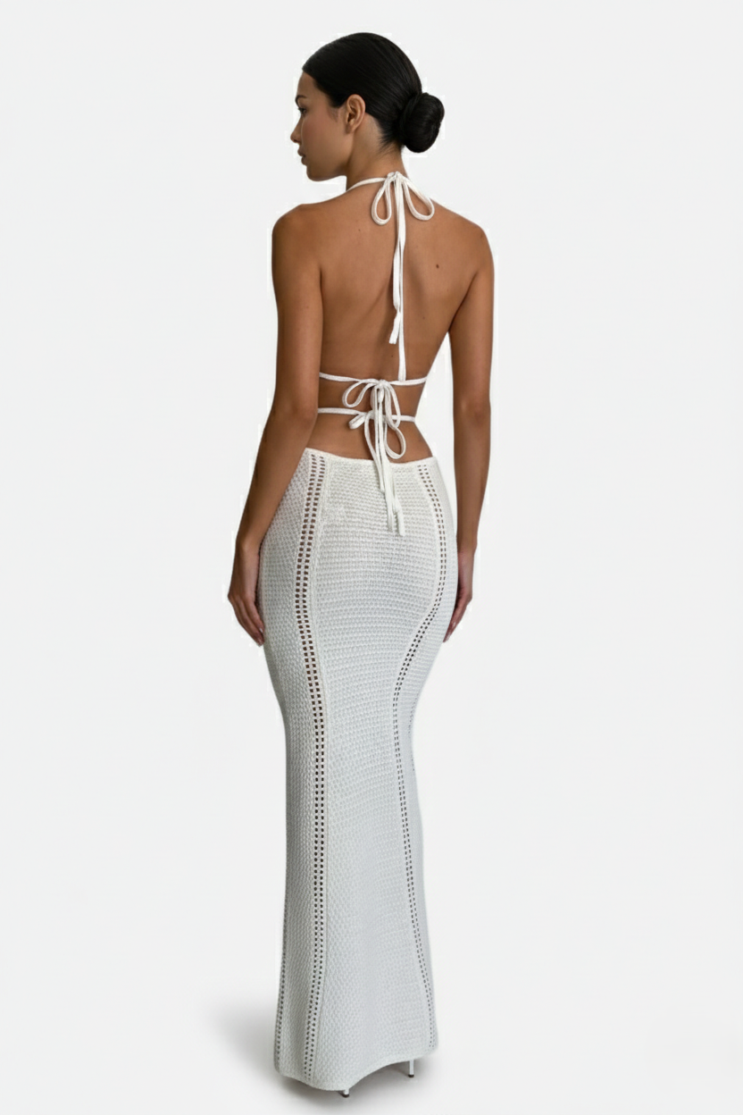 Crochet Cutout Halter Neck Backless Bodycon Maxi Dress 