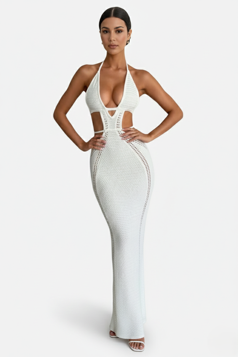 Crochet Cutout Halter Neck Backless Bodycon Maxi Dress 
