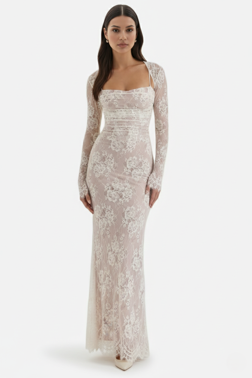 Floral Lace Maxi Dress with Lace-Up Back and Long Sleeve Shrug