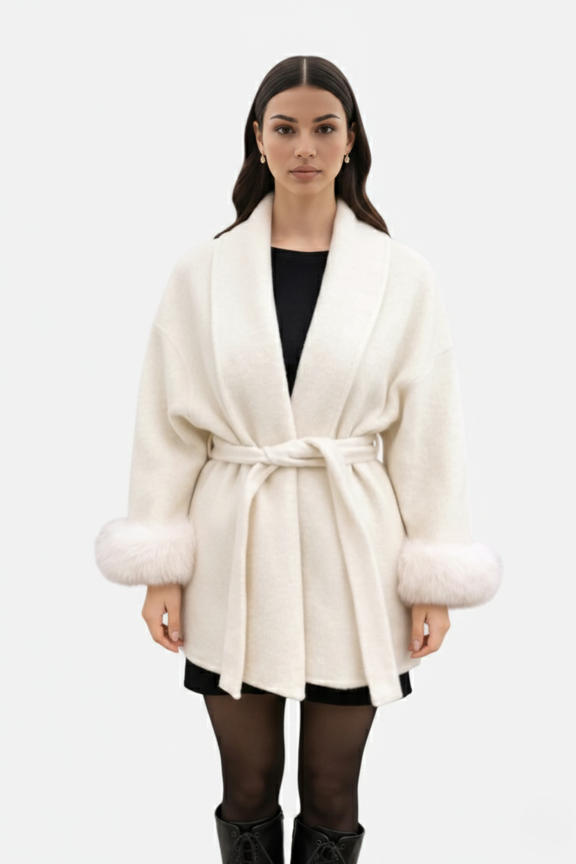 Belted Wrap Wool-Blend Coat Faux Fur Cuff Trim Open Front
