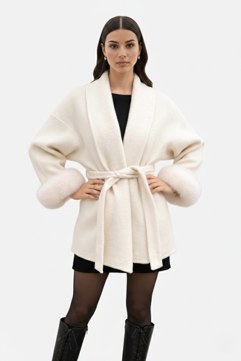 Belted Wrap Wool-Blend Coat Faux Fur Cuff Trim Open Front
