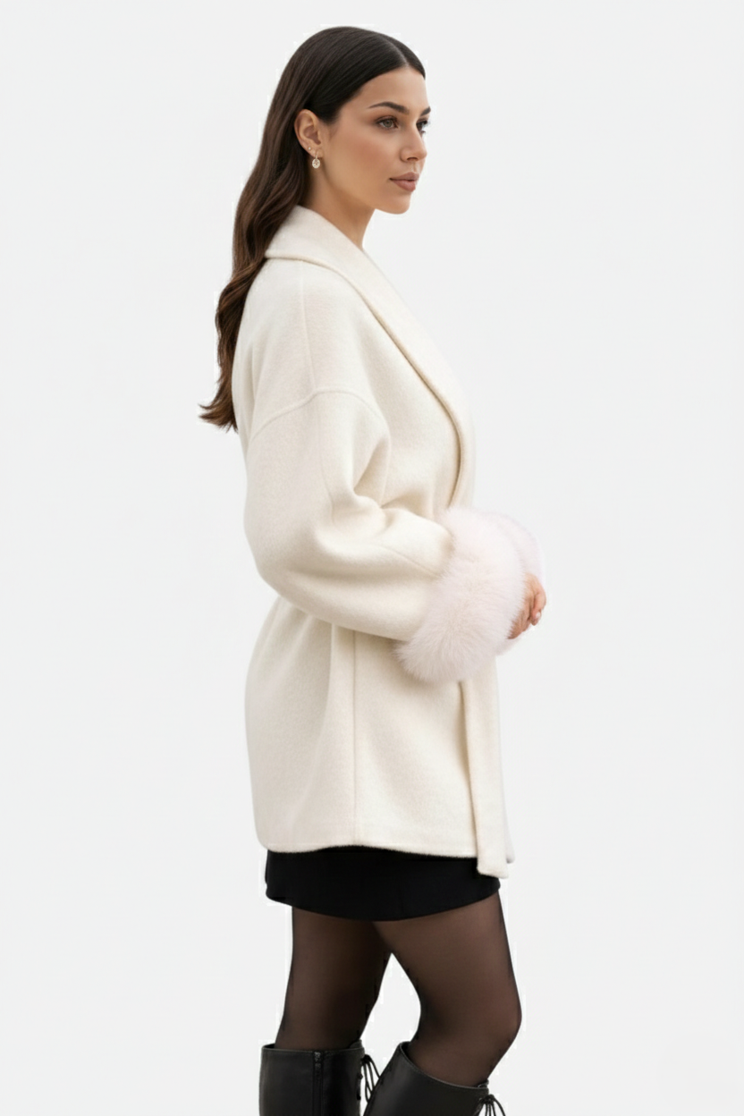 Belted Wrap Wool-Blend Coat Faux Fur Cuff Trim Open Front