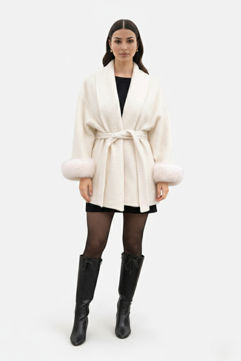 Belted Wrap Wool-Blend Coat Faux Fur Cuff Trim Open Front