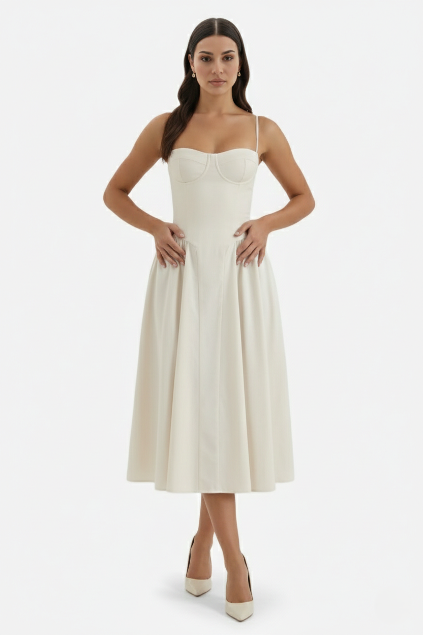 Basque Waist Corset Midi Dress with Spaghetti Straps - Pleated Party Style