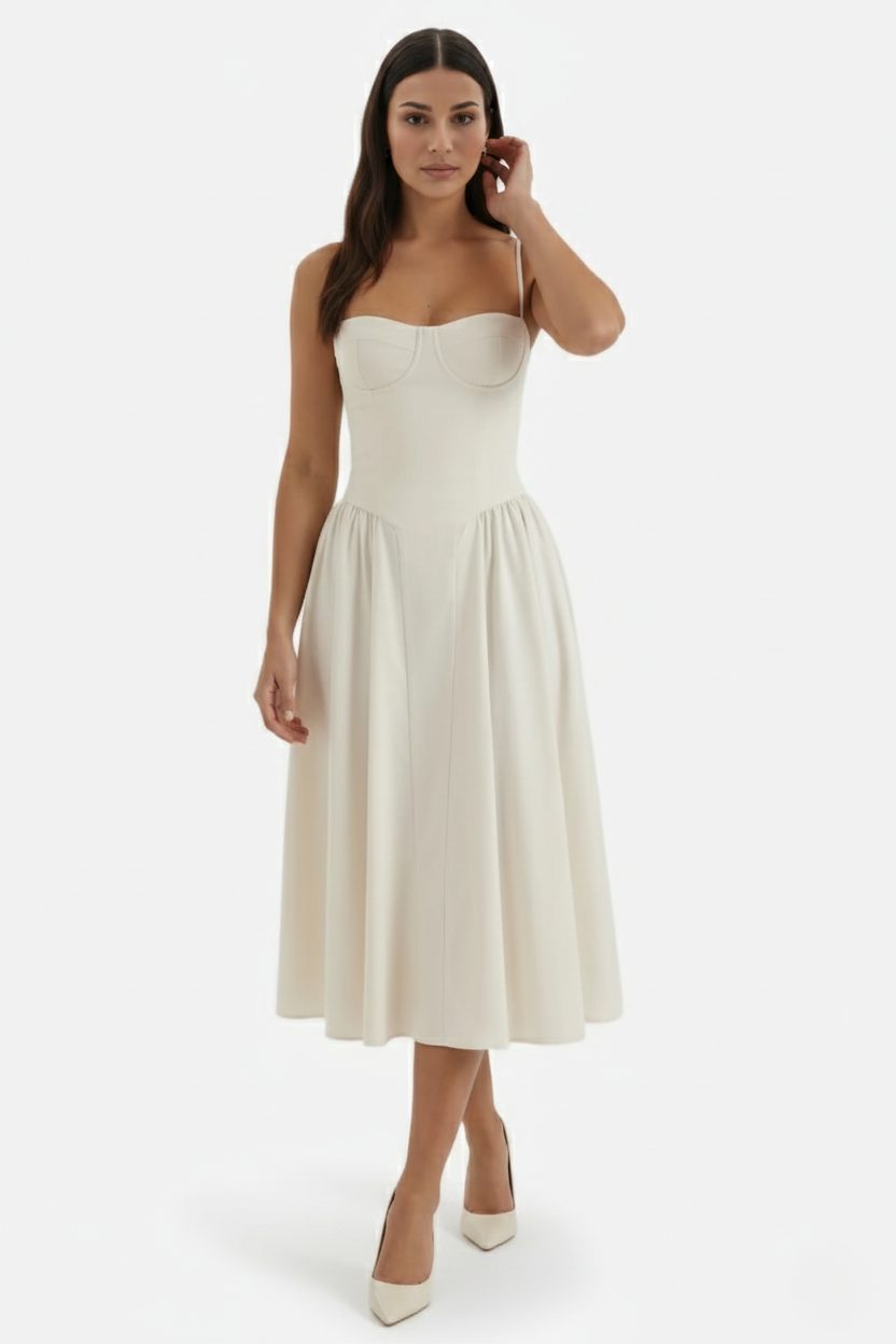 Basque Waist Corset Midi Dress with Spaghetti Straps - Pleated Party Style
