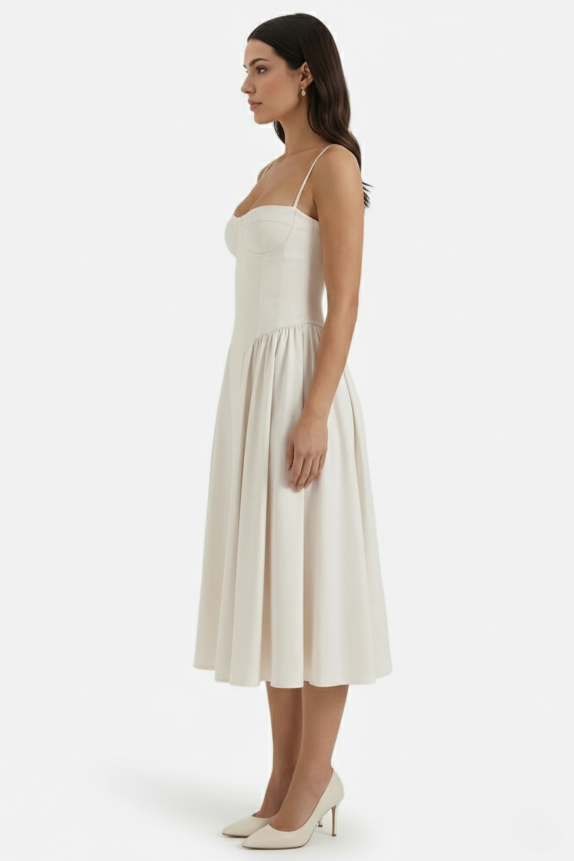 Basque Waist Corset Midi Dress with Spaghetti Straps - Pleated Party Style