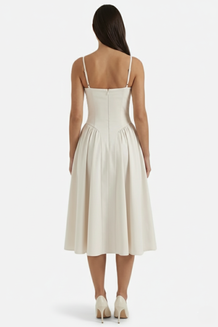 Basque Waist Corset Midi Dress with Spaghetti Straps - Pleated Party Style