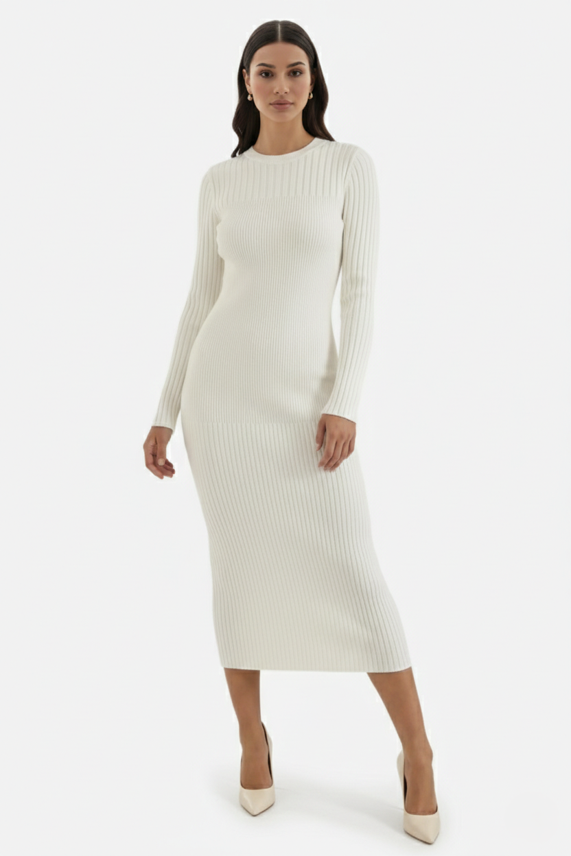 Bodycon Sweater Midi Dress Ribbed Knit Long Sleeve Crew Neck