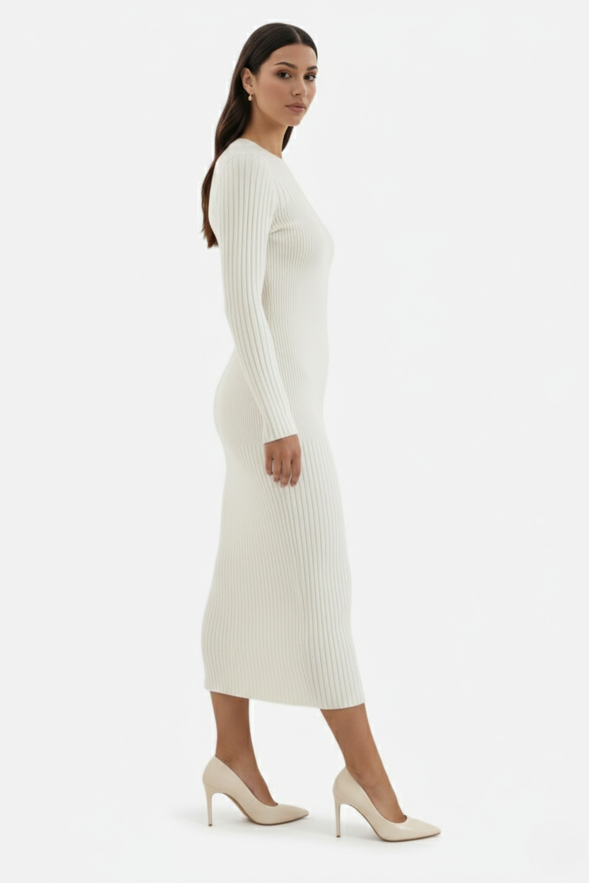 Bodycon Sweater Midi Dress Ribbed Knit Long Sleeve Crew Neck