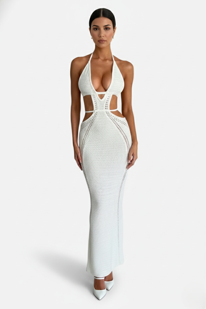 Crochet Cutout Halter Neck Backless Bodycon Maxi Dress 