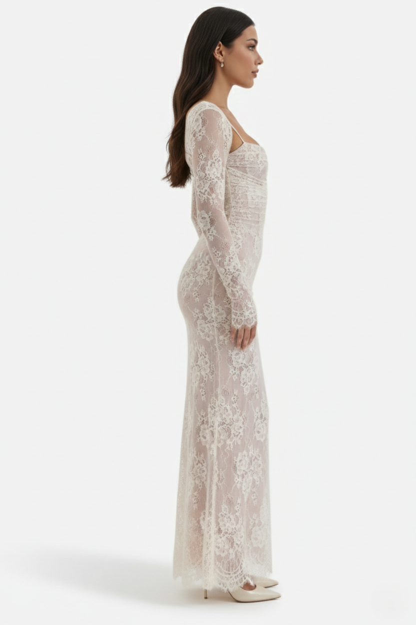 Floral Lace Maxi Dress with Lace-Up Back and Long Sleeve Shrug