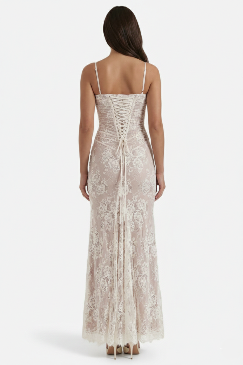 Floral Lace Maxi Dress with Lace-Up Back and Long Sleeve Shrug