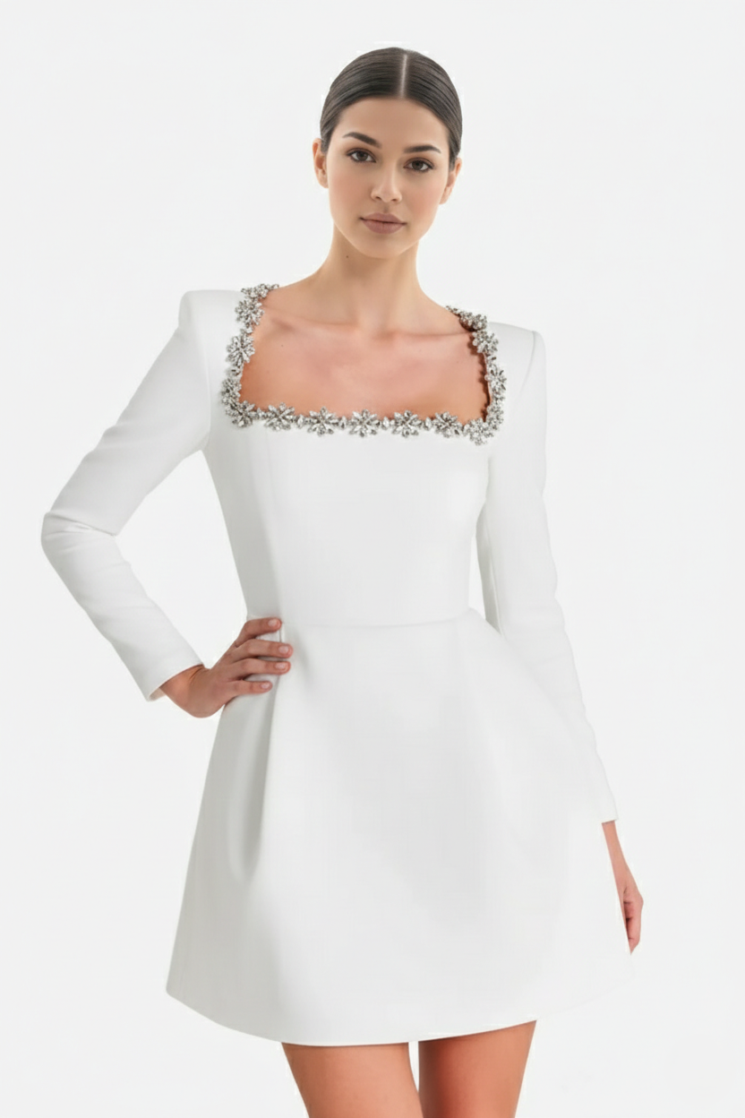 Cocktail Dress Velvet Floral Crystal Embellished Trim Long Sleeve