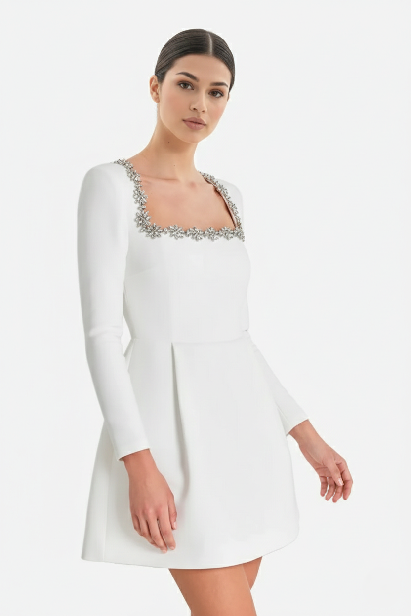 Cocktail Dress Velvet Floral Crystal Embellished Trim Long Sleeve