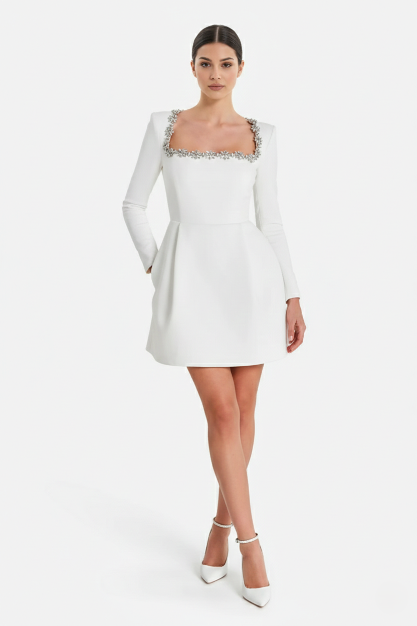 Cocktail Dress Velvet Floral Crystal Embellished Trim Long Sleeve