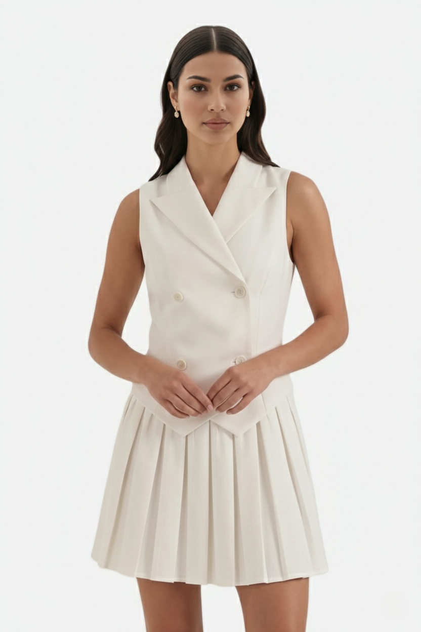 Double-Breasted Waistcoat Pleated Mini Dress