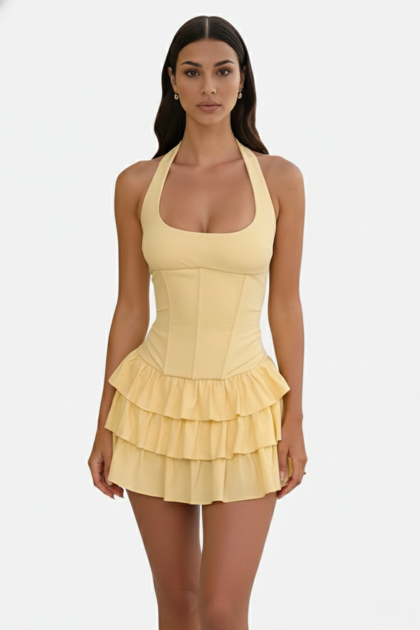 Corset Halter Neck Ruffle Peplum Mini Dress with Structured Bust