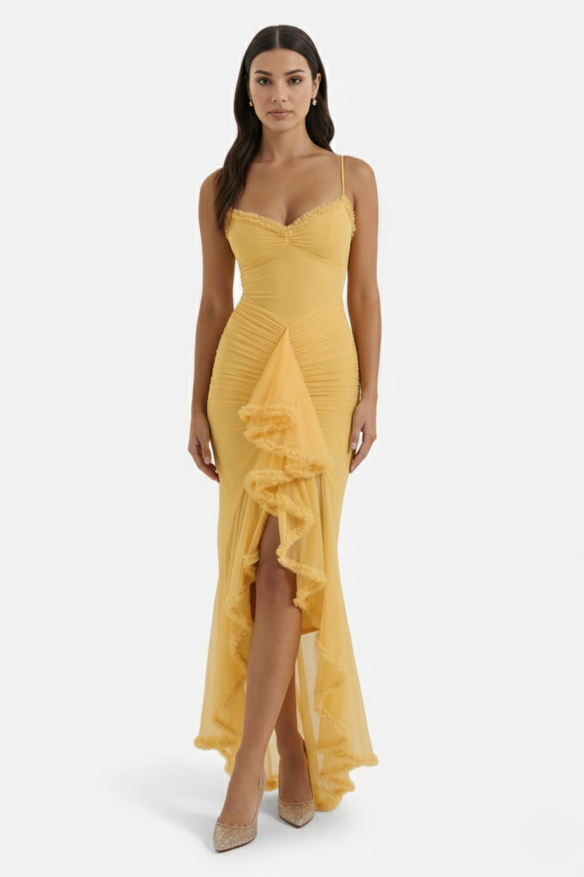 Evening Gown Ruched Mesh Ruffle Assymetrical Hem