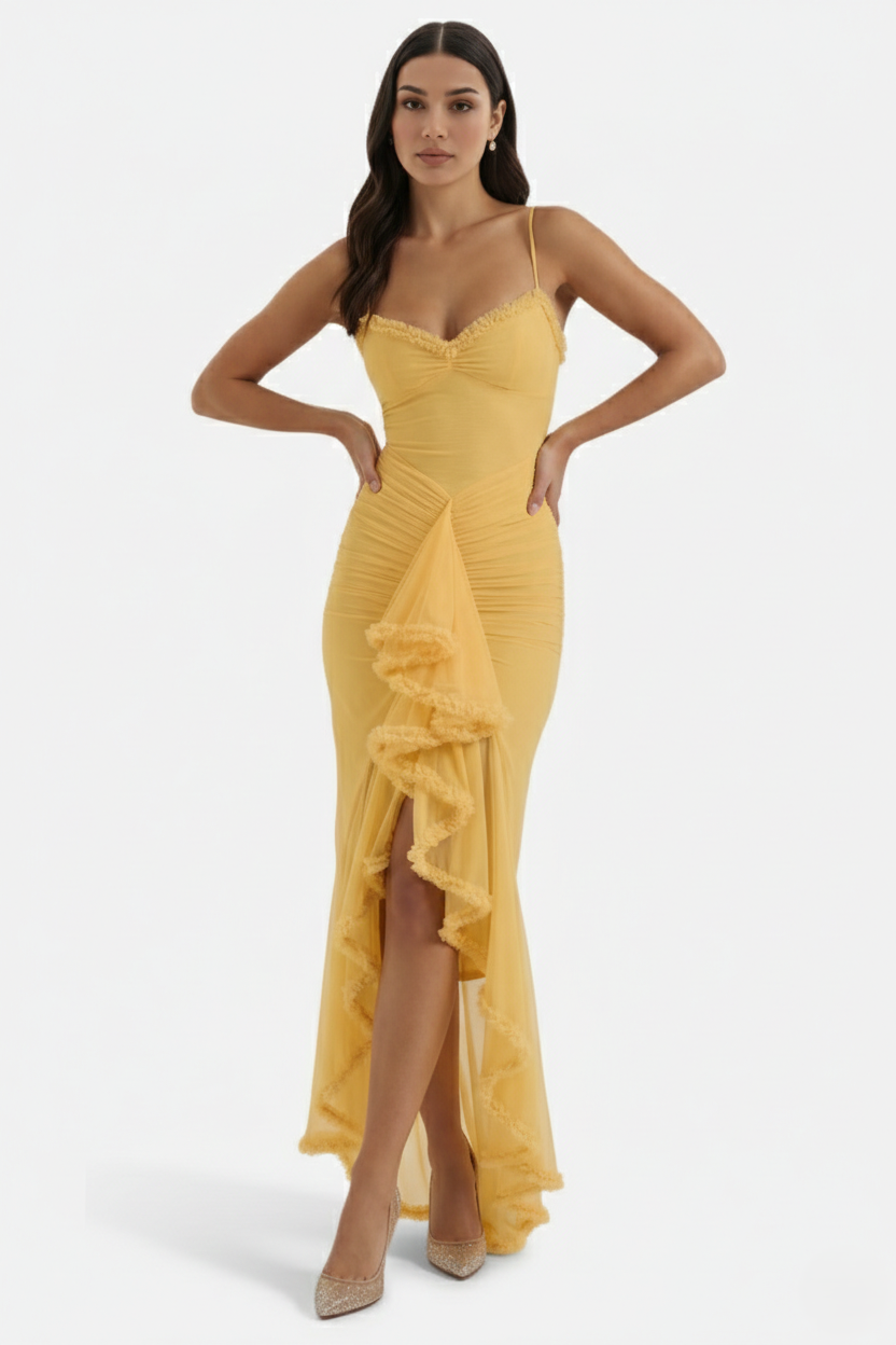 Evening Gown Ruched Mesh Ruffle Assymetrical Hem