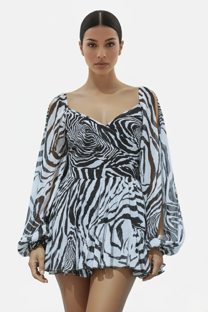 Chiffon Puff Sleeve Lace-Up Back Ruffle Mini Dress