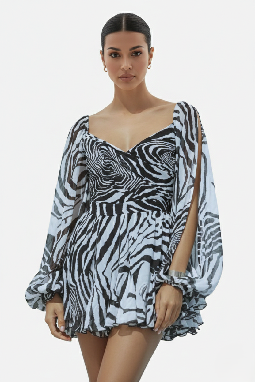 Chiffon Puff Sleeve Lace-Up Back Ruffle Mini Dress