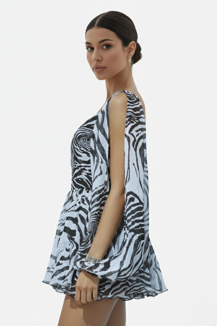 Chiffon Puff Sleeve Lace-Up Back Ruffle Mini Dress