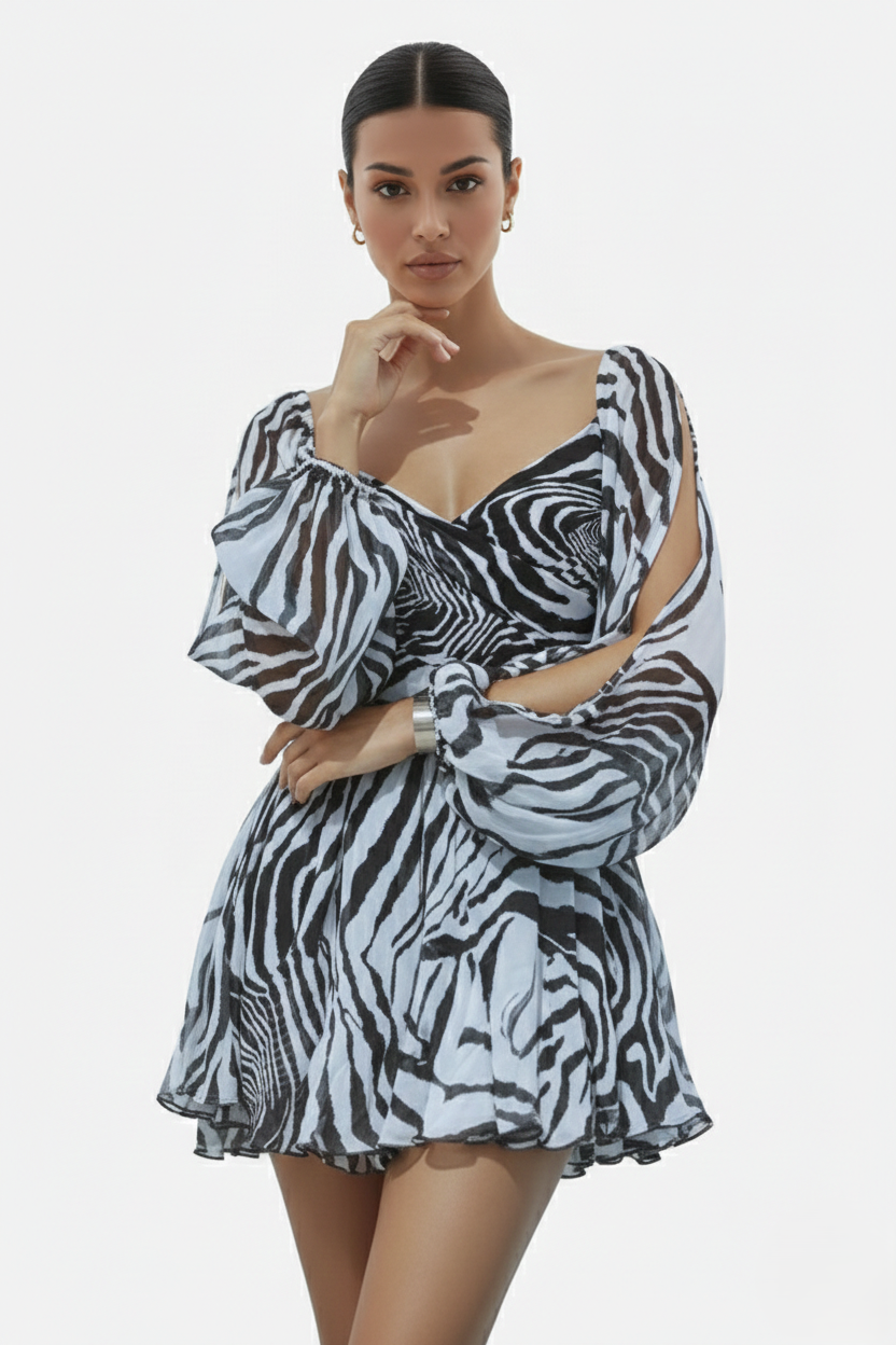 Chiffon Puff Sleeve Lace-Up Back Ruffle Mini Dress