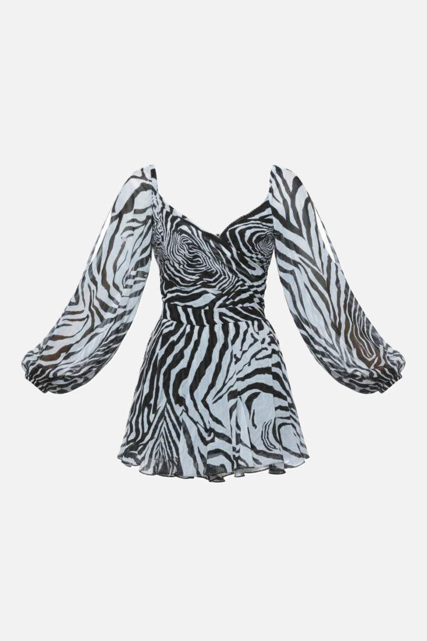 Chiffon Puff Sleeve Lace-Up Back Ruffle Mini Dress