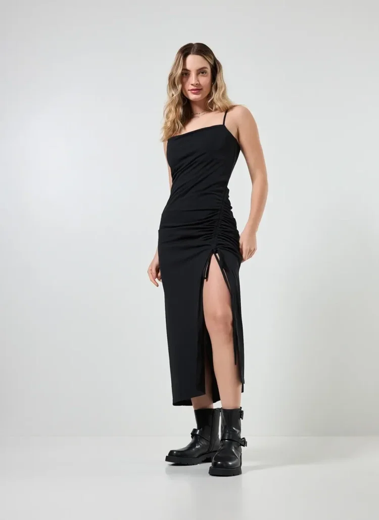 Sleeveless Ruched Midi Dress with Side Slit